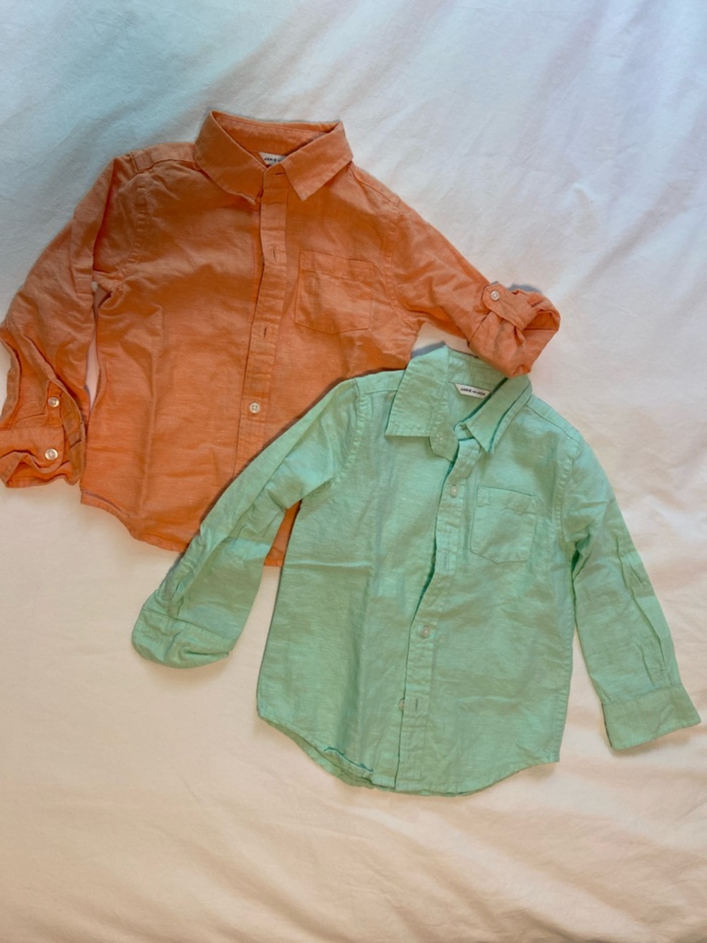 Janie and Jack Boys’ linen and cotton Button-Down Shirts — Orange and Mint Green